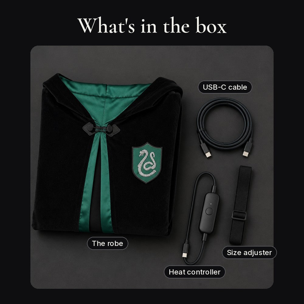 In the box: folded robe, USB-C cable, heat controller and size adjuster