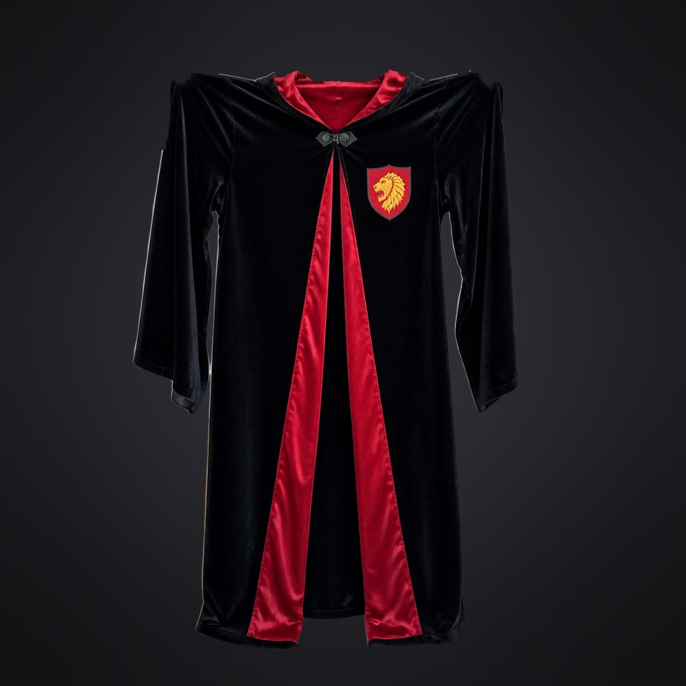 Black velvet robe with scarlet red satin lining and gold lion badge