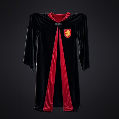 Black velvet robe with scarlet red satin lining and gold lion badge