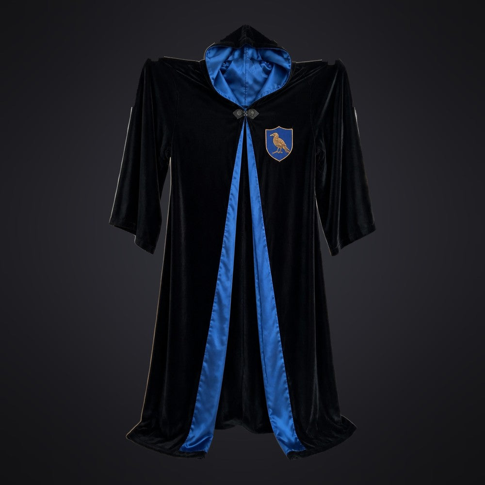 Black velvet robe with sapphire blue satin lining and bronze raven badge