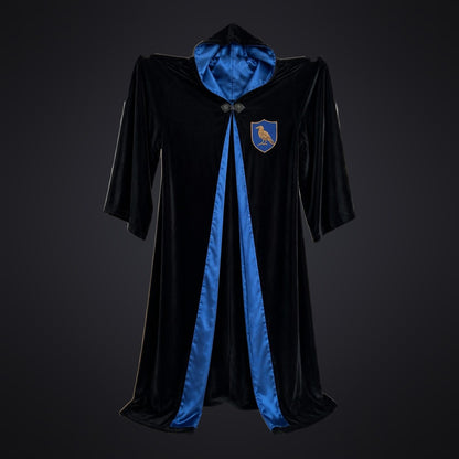 Black velvet robe with sapphire blue satin lining and bronze raven badge