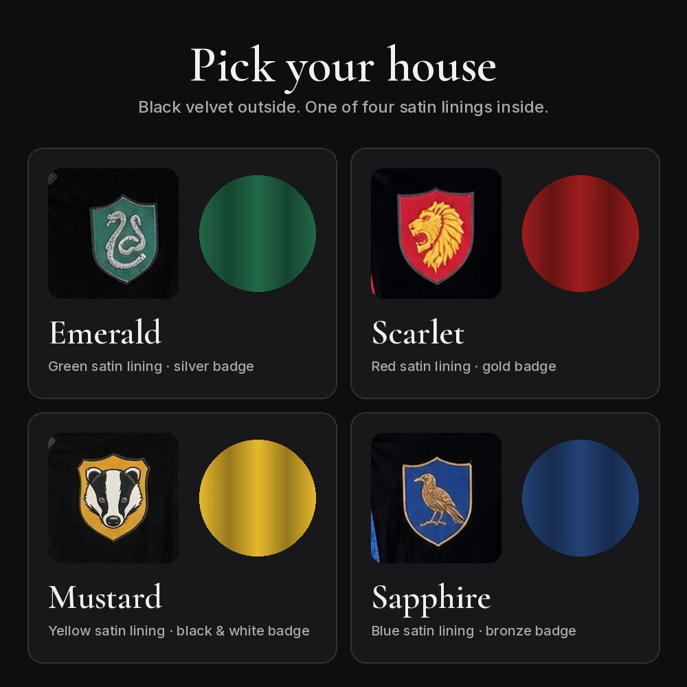 Four lining colours: emerald, scarlet, mustard and sapphire, each with its badge