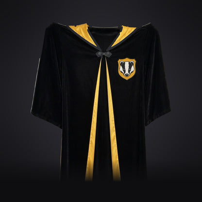 Black velvet robe with mustard yellow satin lining and black and white badger badge