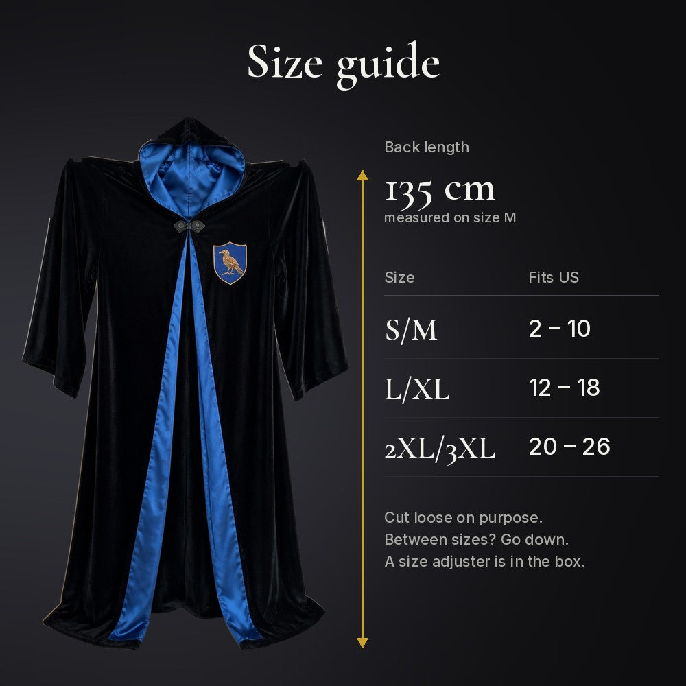 Size guide: S/M fits US 2 to 10, L/XL 12 to 18, 2XL/3XL 20 to 26, back length 135 cm