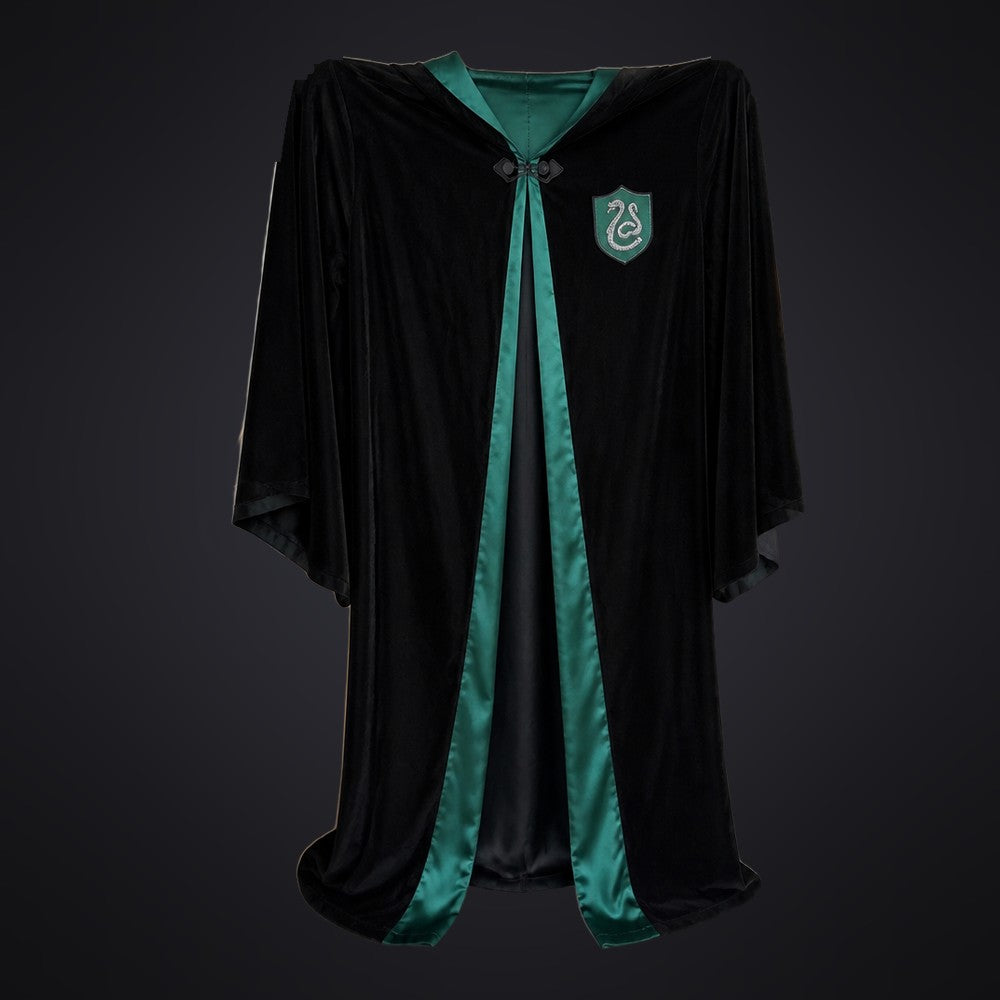 Black velvet robe with emerald green satin lining and silver serpent badge