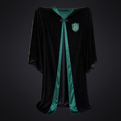 Black velvet robe with emerald green satin lining and silver serpent badge