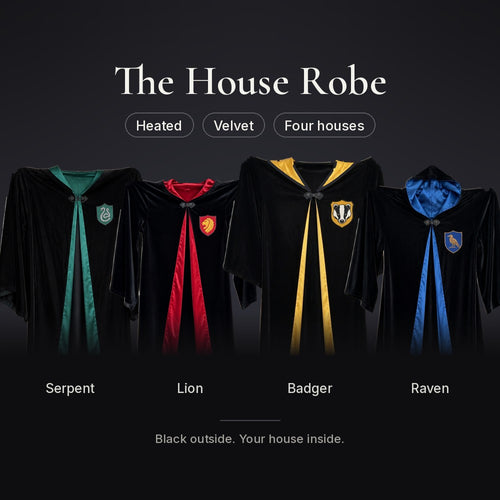 The House Robe: four black velvet hooded robes with emerald, scarlet, mustard and sapphire satin linings