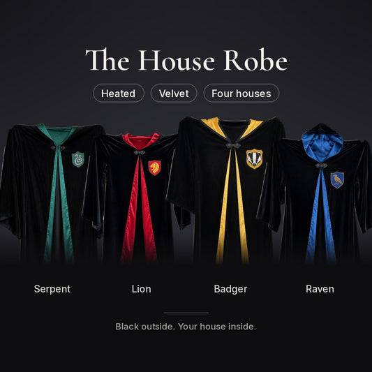 The House Robe: four black velvet hooded robes with emerald, scarlet, mustard and sapphire satin linings
