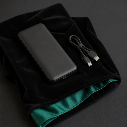 Slim black USB-C power bank resting on the velvet robe