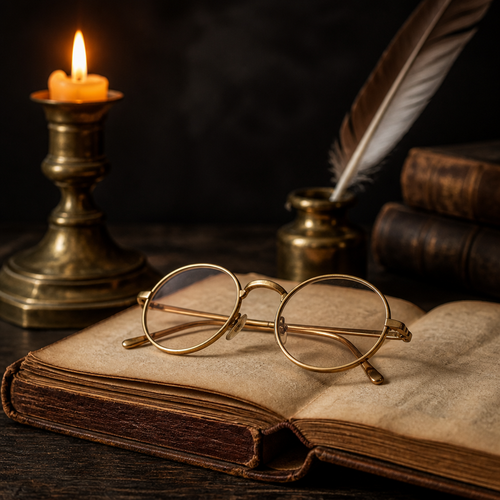 Round antique-gold wire-rim glasses on an open book