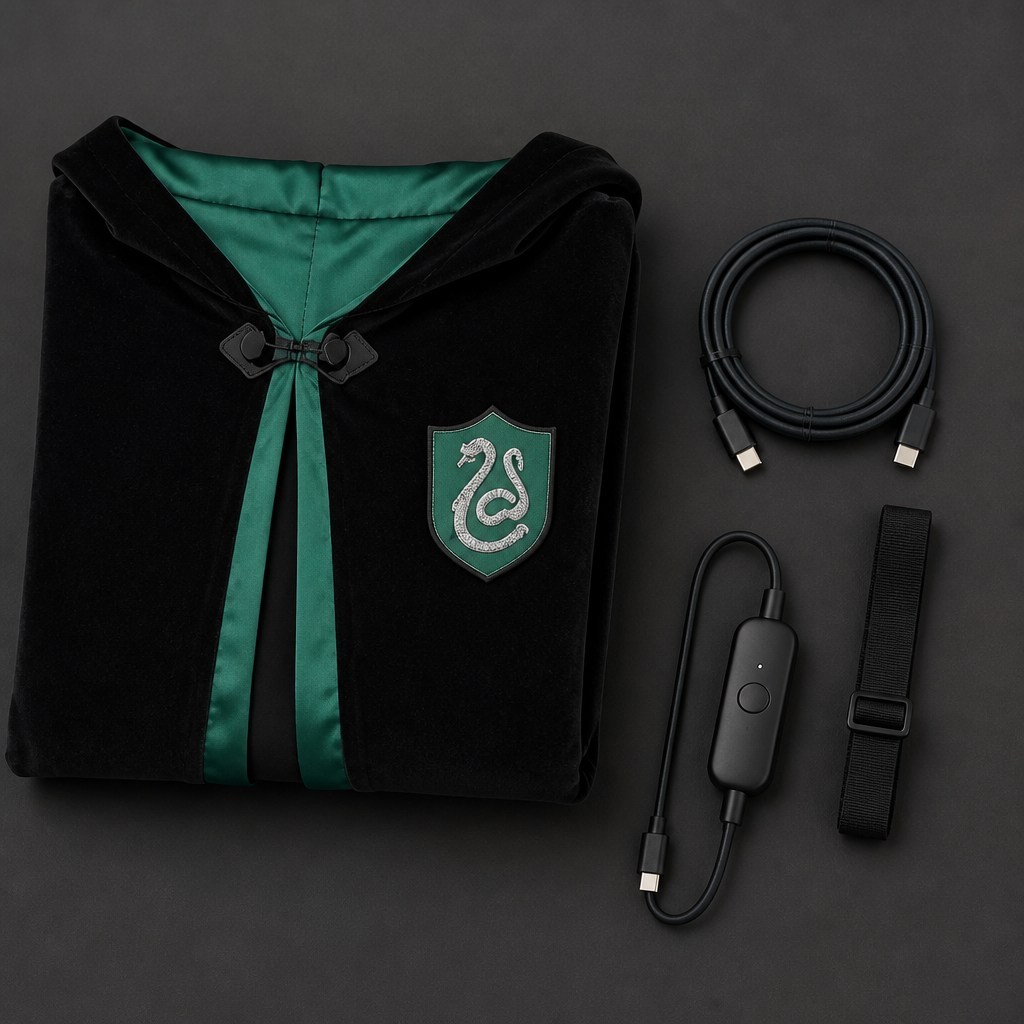 Folded robe with its cable, heat controller and size adjuster
