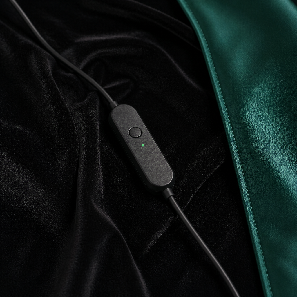 Inline heat controller with one button and an LED resting on black velvet