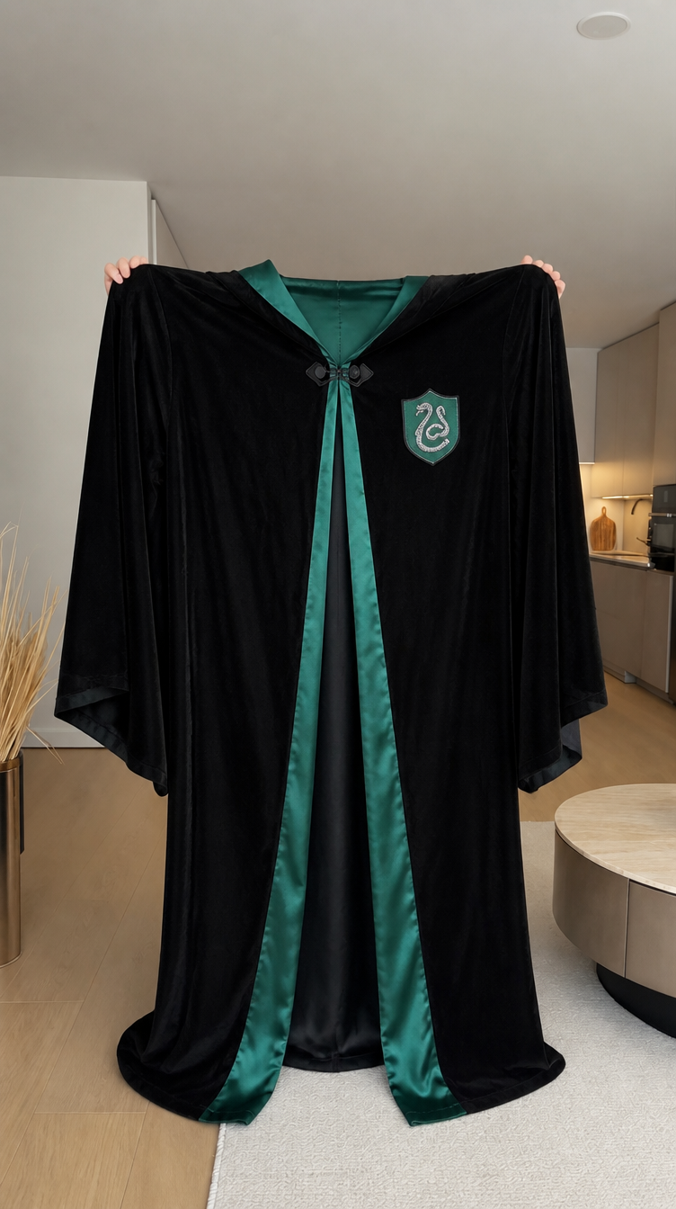Black velvet robe held open to show the emerald green satin lining